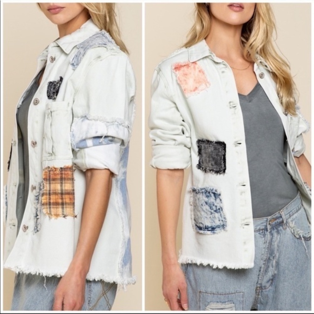 POL Western Bleached Denim Jacket Unique Patchwork Acid Wash Tie Dye - Picture 5 of 11